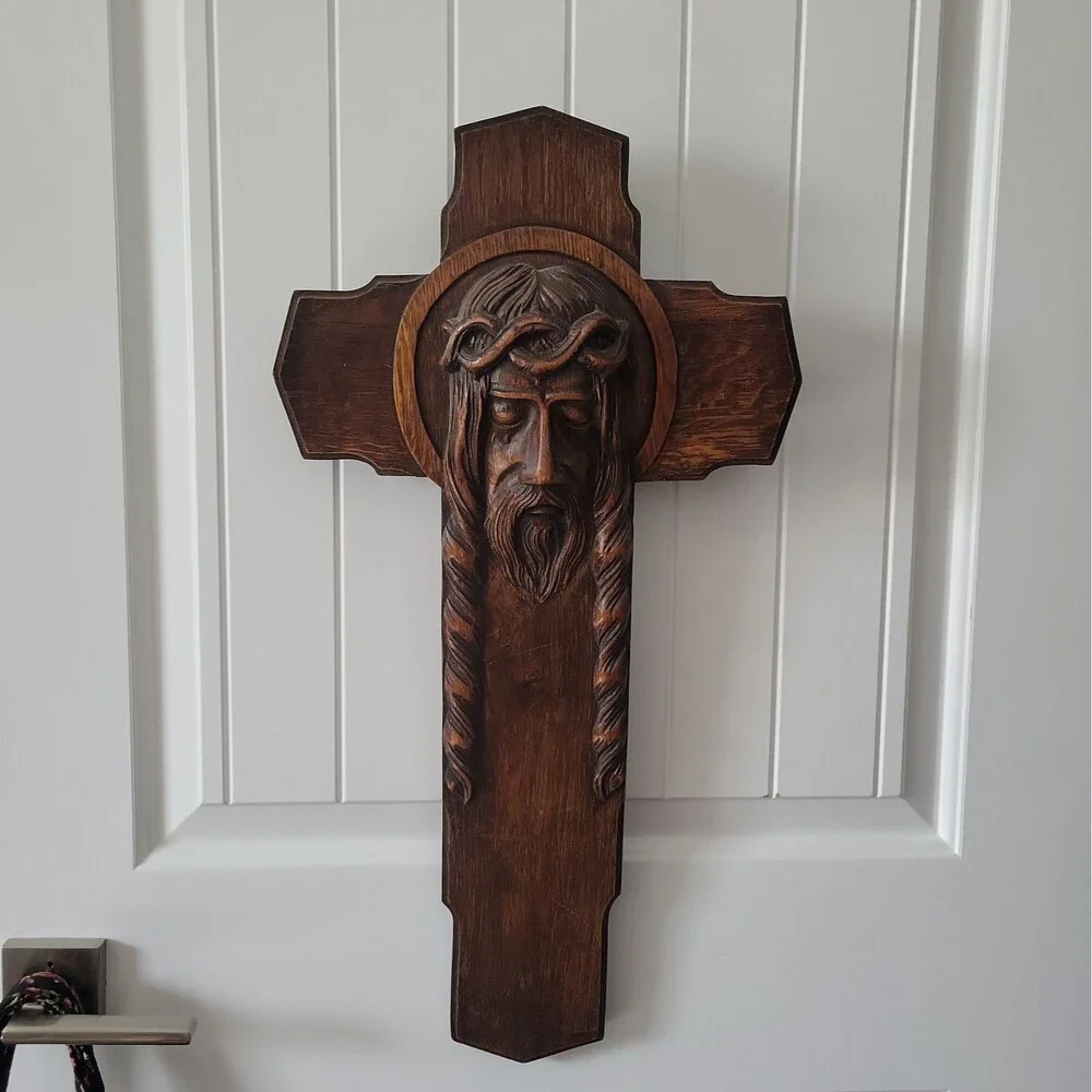Antique Art Deco Hand Carved Oak Crucifix Face of Jesus Wall Cross 25